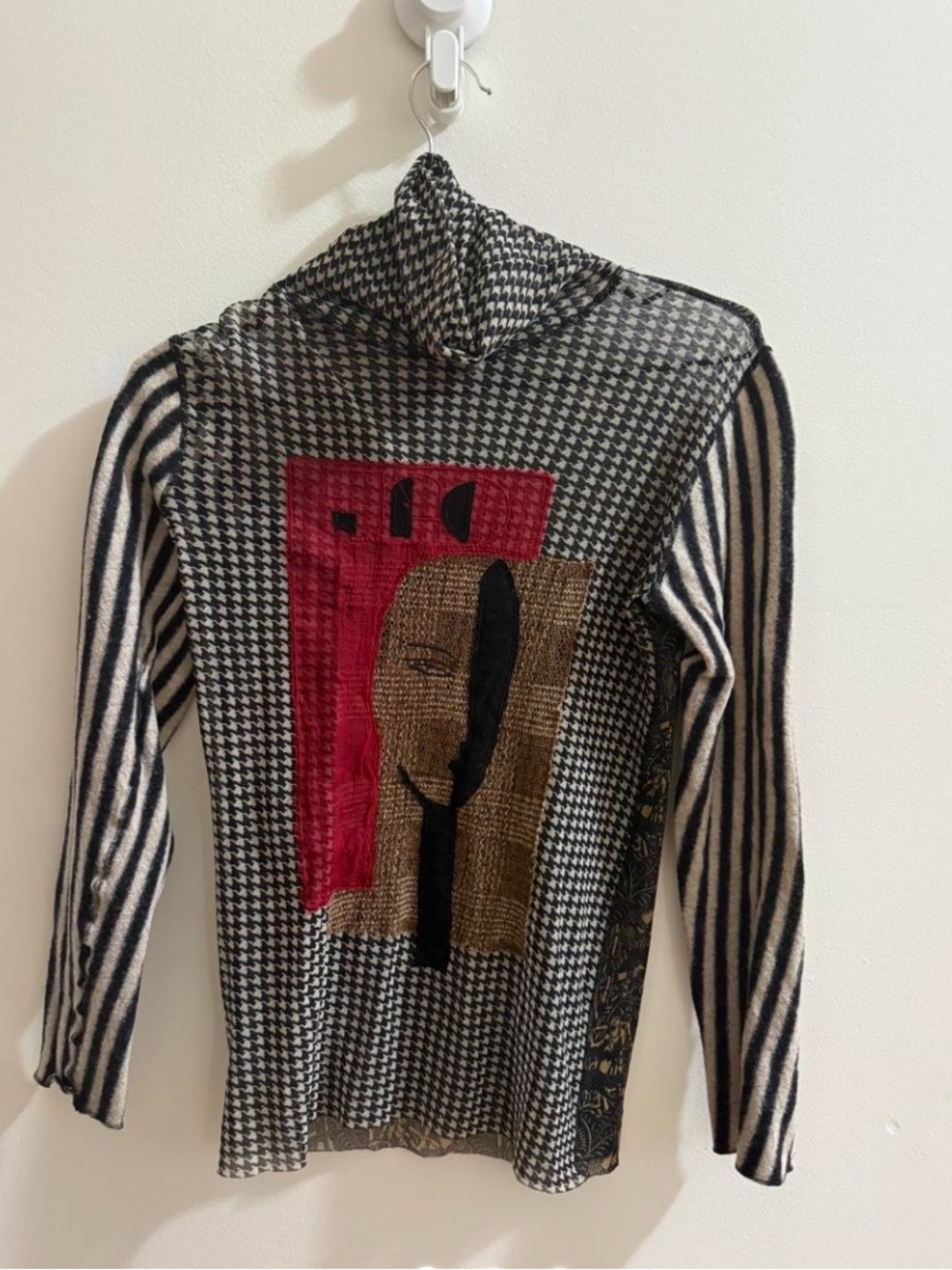 Jean Paul Gaultier Black & White Houndstooth Turtleneck with Red & Tan Graphic